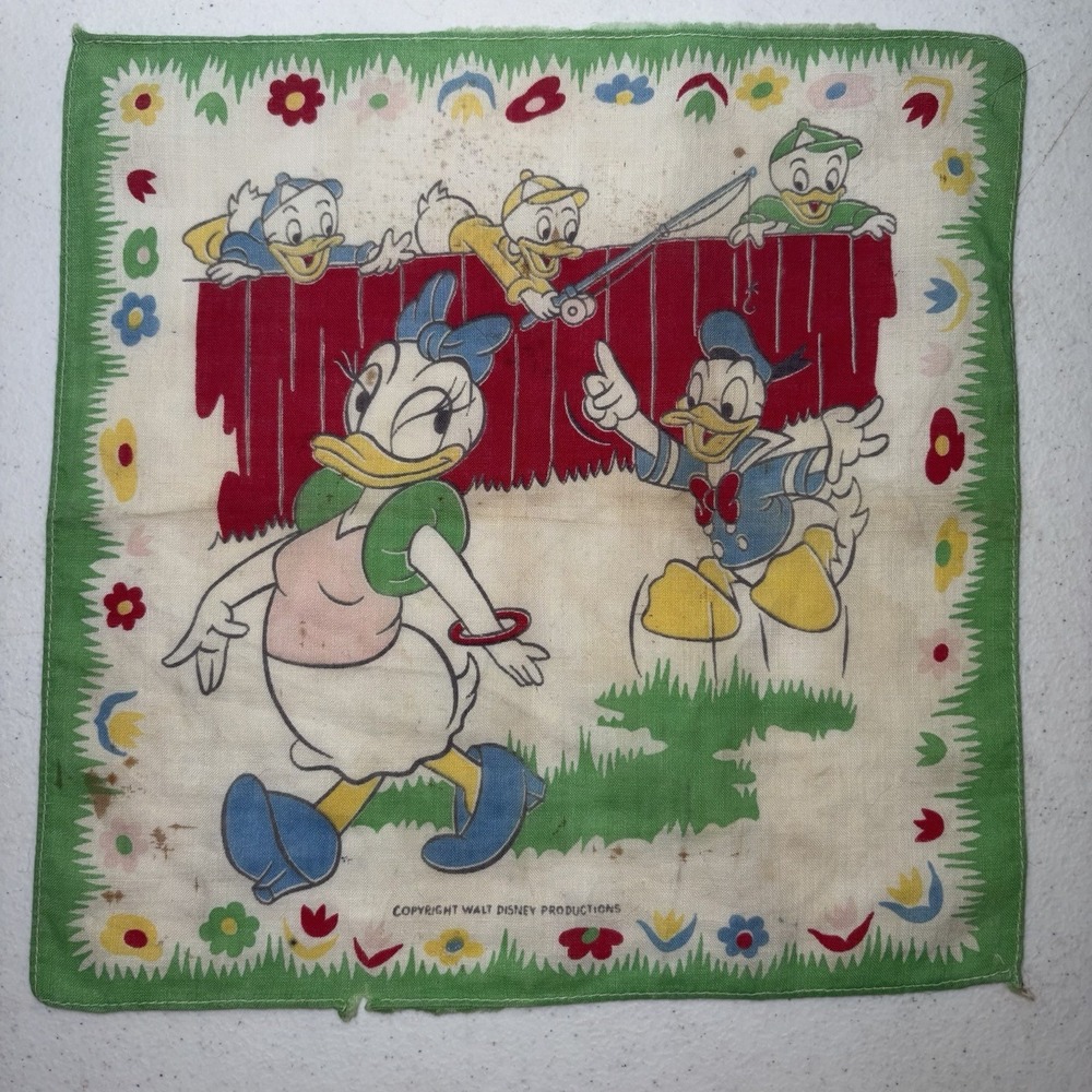 Vintage Disney Productions Donald Daisy Duck Huey Dewey & Louie Cotton Hankerchi